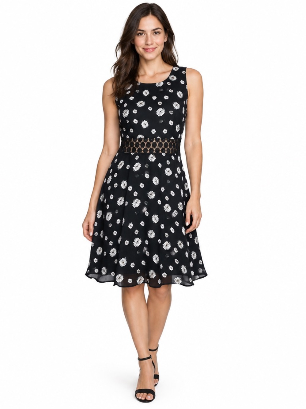 BB Dakota Jack A line Dress Lace Waist  Floral Skater Dress Black and White Sz.4
